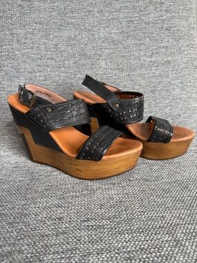 Musse & Cloud Black Woven Leather Platform Wedge Sandals